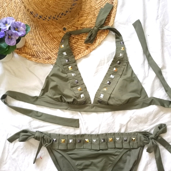 NWOT BECCA Swimwear Olive Green Studded Bikini Set Sz S/M - Picture 2 of 10